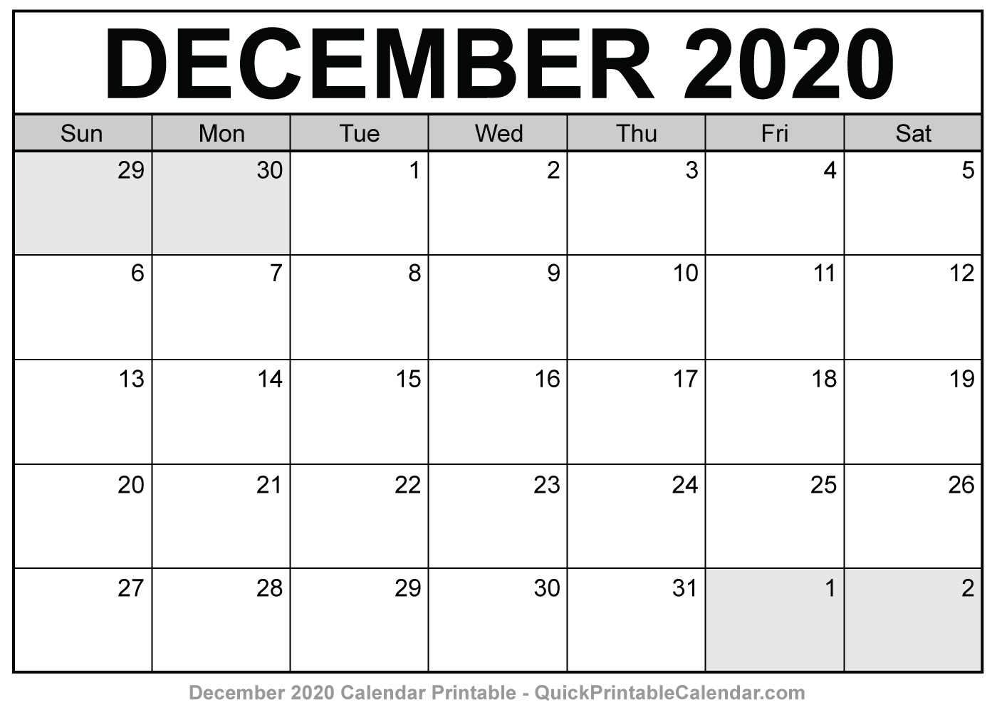 December 2020 Calendar Printable
